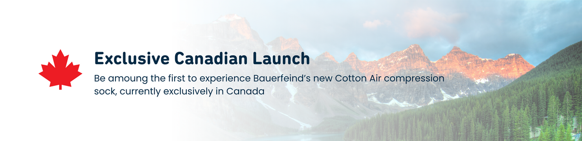 Promotional banner with a red maple leaf icon and the text 'Exclusive Canadian Launch' over a scenic mountain landscape. Smaller text reads: 'Be among the first to experience Bauerfeind's new Cotton air compression sock, currently exclusively in Canada.