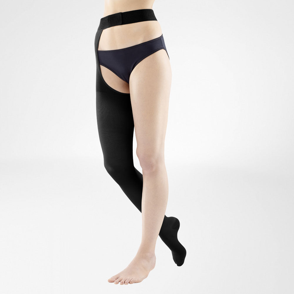 person wearing the one leg thigh high bauerfeind medical venotrain soft compression stocking